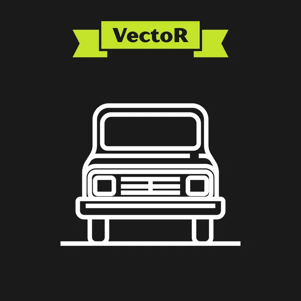 Línea blanca Icono del coche aislado sobre fondo negro. Vista frontal. Ilustración vectorial — Vector de stock