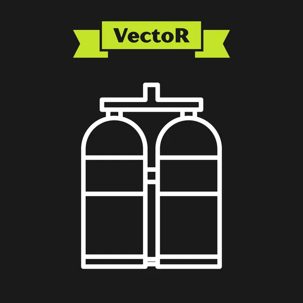 Weiße Linie aqualung Symbol isoliert auf schwarzem Hintergrund. Sauerstofftank für Taucher. Tauchausrüstung. Extremsport. Tauchausrüstung. Vektorillustration — Stockvektor