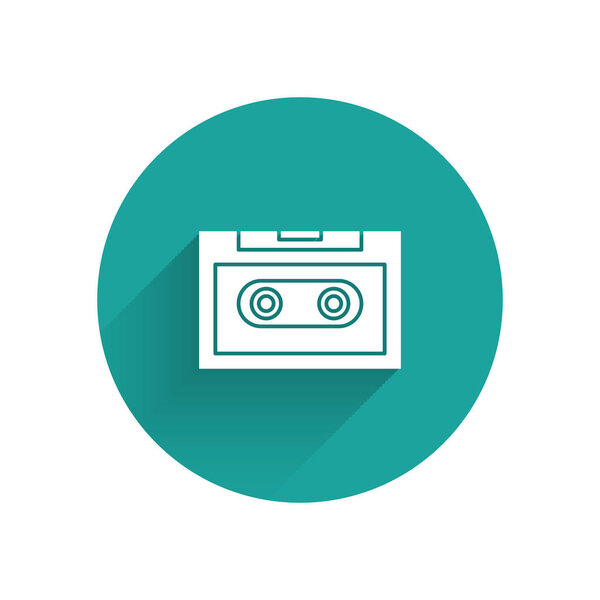White Retro audio cassette tape icon isolated with long shadow. Green circle button. Vector Illustration