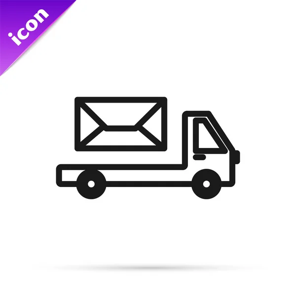 Fekete vonal Post teherautó ikon elszigetelt fehér háttérrel. Postakocsi. Jármű tehergépjármű-szállítás borítékkal vagy levéllel. Vektorillusztráció — Stock Vector