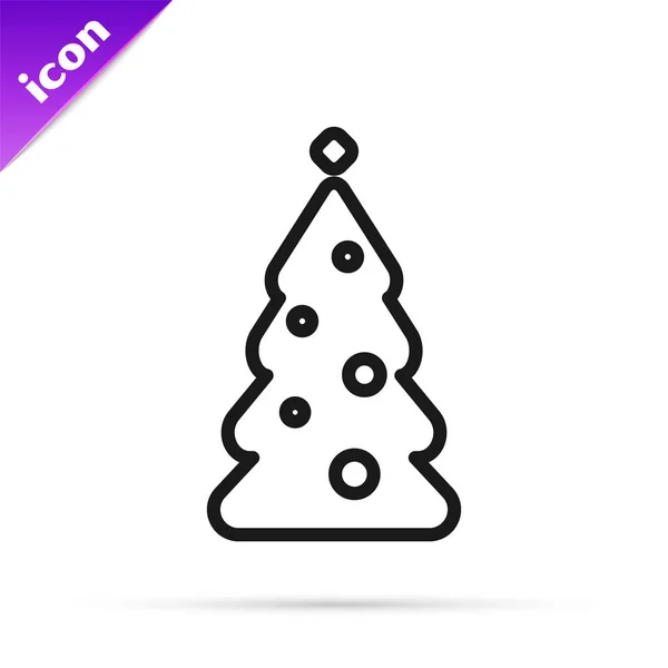 Μαύρη γραμμή χριστουγεννιάτικο δέντρο με διακοσμήσεις εικονίδιο απομονώνονται σε λευκό φόντο. Καλά Χριστούγεννα και Καλή Χρονιά. Εικονογράφηση διανύσματος — Διανυσματικό Αρχείο