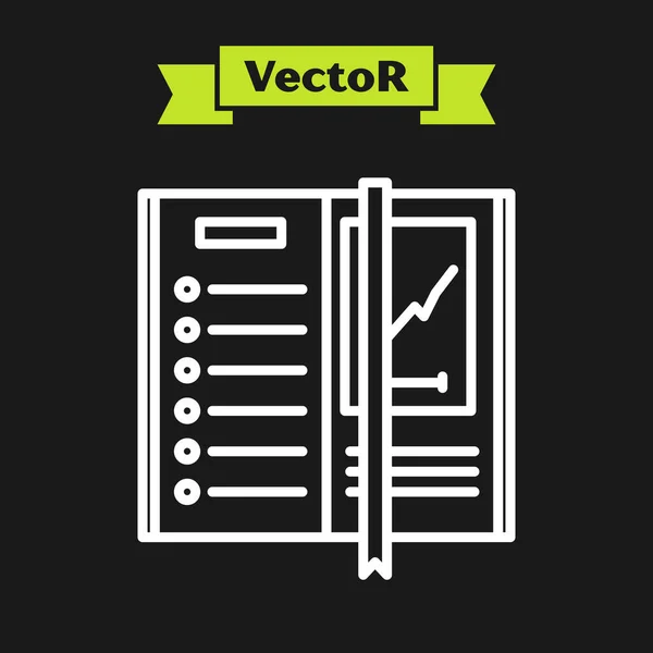 Linha branca Ícone do caderno isolado no fundo preto. Ícone do bloco de notas em espiral. Escrita. Diário para negócios. Design de capa de caderno. Ilustração vetorial — Vetor de Stock