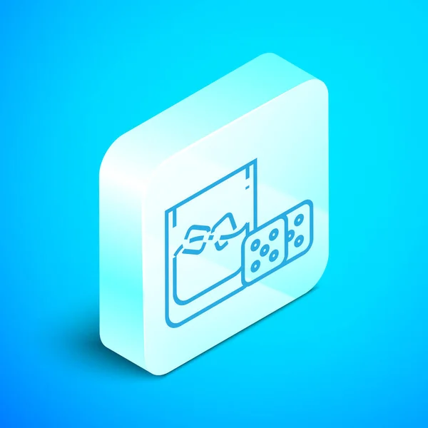Isometric line Game dice and glass of whiskey with ice cubes icon isolated on blue background. Casino gambling. Silver square button. Vector Illustration — Stock Vector