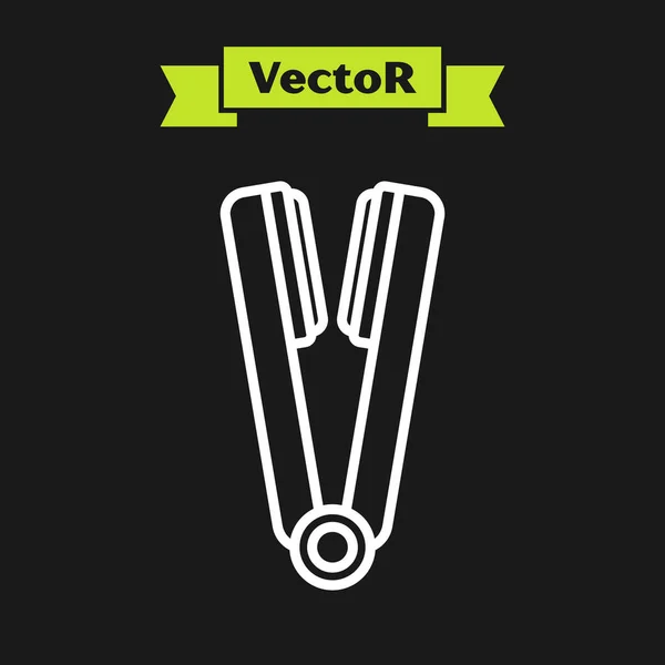 Weiße Linie Lockenstab für Haar-Symbol isoliert auf schwarzem Hintergrund. Haarglätter-Symbol. Vektorillustration — Stockvektor