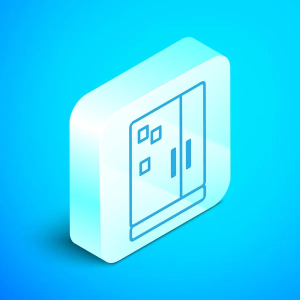 Isometrische Linie Kühlschranksymbol isoliert auf blauem Hintergrund. Kühlschrank mit Gefrierfach Kühlschrank. Haushaltstechnologie und Haushaltsgeräte. Silberner quadratischer Knopf. Vektorillustration — Stockvektor