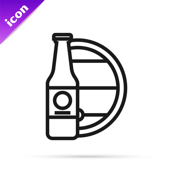 Black line Beer bottle and wooden barrel icon isolated on white background. Vector Illustration — Stock Vector
