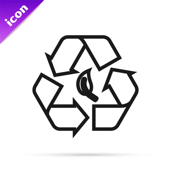 Black line Recycle symbol and leaf icon isolated on white background. Environment recyclable go green. Vector Illustration — Stock Vector