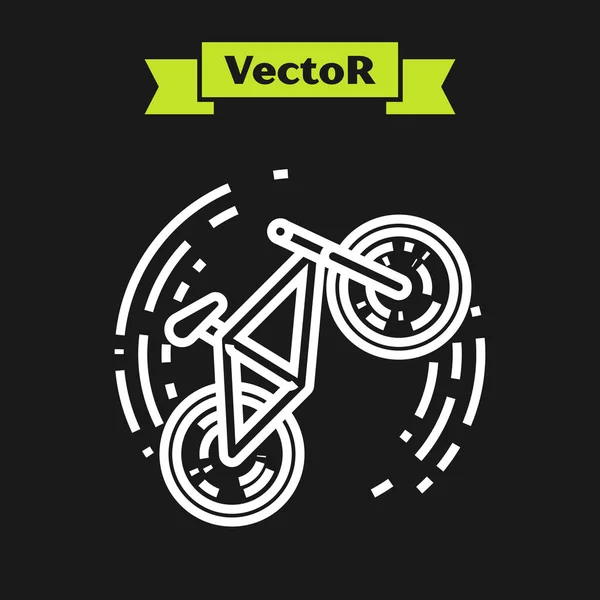 Linha branca ícone truque de bicicleta isolado no fundo preto. Corrida de bicicleta. Desporto extremo. Equipamento desportivo. Ilustração vetorial — Vetor de Stock