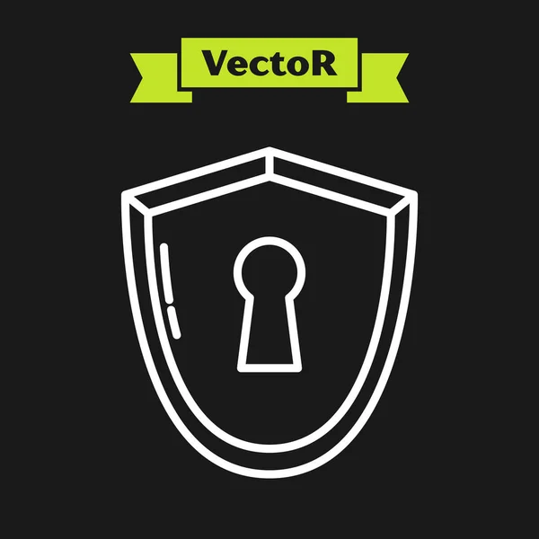 Escudo de línea blanca con icono de ojo de cerradura aislado sobre fondo negro. Protección, concepto de seguridad. Icono de placa de seguridad. Banner de privacidad. Etiqueta de defensa. Ilustración vectorial — Vector de stock