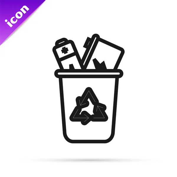 Black line Recycle bin with recycle symbol icon isolated on white background. Trash can icon. Garbage bin sign. Recycle basket sign. Vector Illustration — Stock Vector