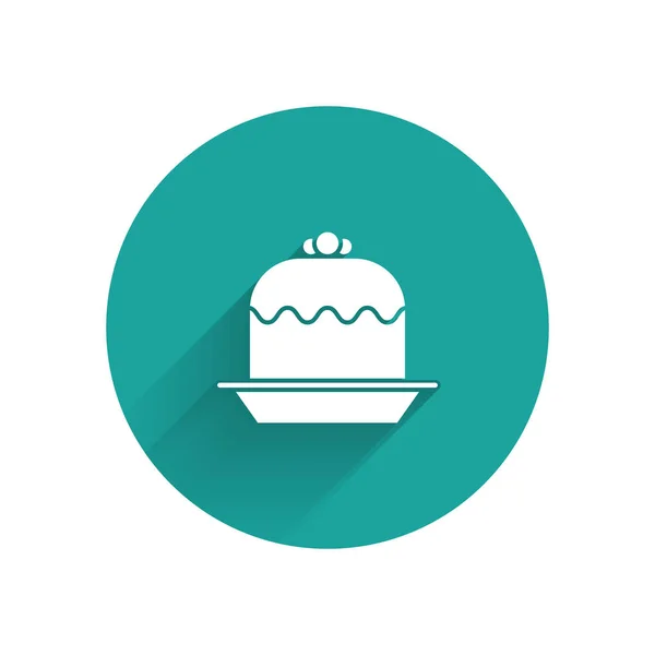 白色蛋糕图标与长长的阴影隔离 生日快乐Happy Birthday Day 绿色圆环按钮 病媒图解 — 图库矢量图片