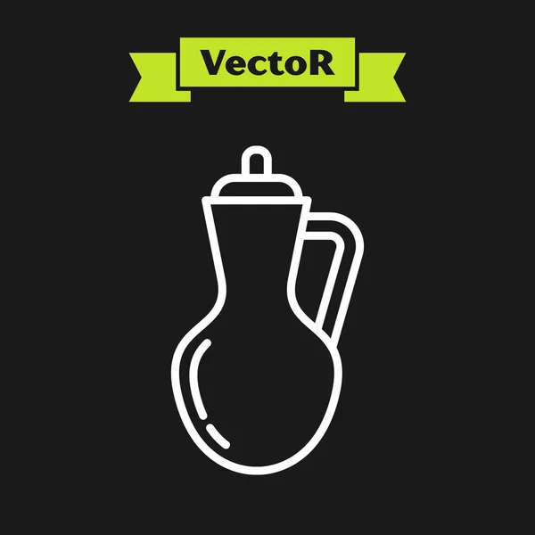 Weiße Linie Flasche Olivenöl-Symbol isoliert auf schwarzem Hintergrund. Krug mit Olivenöl-Symbol vorhanden. Vektorillustration — Stockvektor