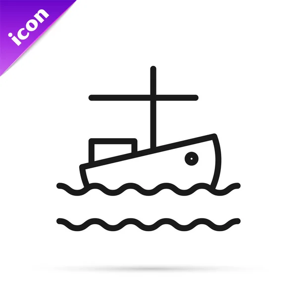 Ligne noire Bateau de pêche sur icône de l'eau isolé sur fond blanc. Illustration vectorielle — Image vectorielle