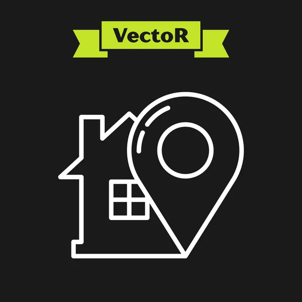 Weiße Linie Kartenzeiger mit Haus-Symbol isoliert auf schwarzem Hintergrund. Markierungssymbol für den Wohnort. Vektorillustration — Stockvektor