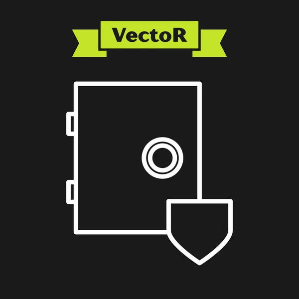 Weiße Linie Safe mit Schild-Symbol isoliert auf schwarzem Hintergrund. Versicherungskonzept. Sicherheit, Sicherheit, Schutz, Schutzkonzept. Vektorillustration — Stockvektor