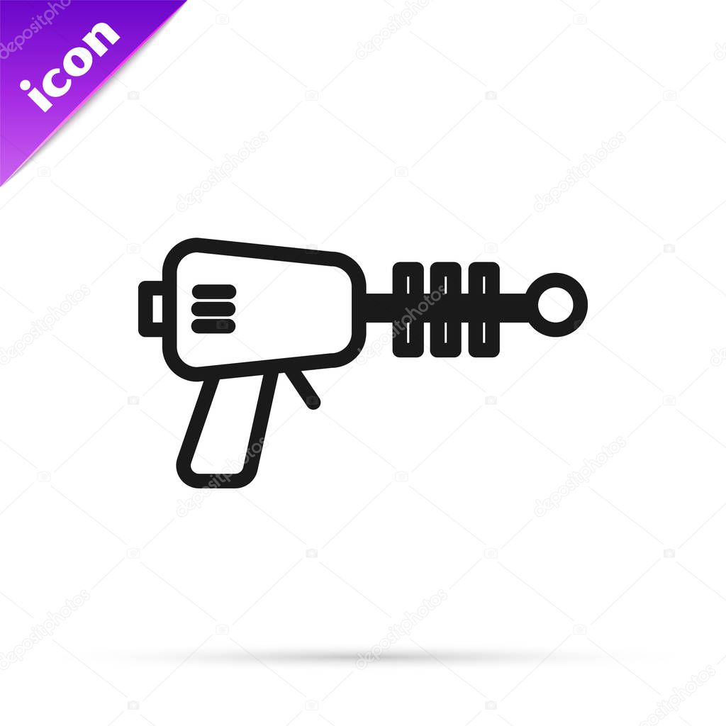 Black line Ray gun icon isolated on white background. Laser weapon. Space blaster. Vector Illustration