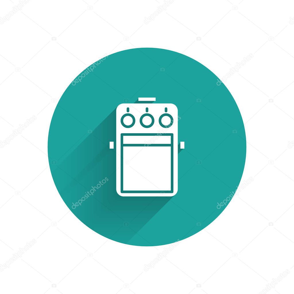 White Guitar pedal icon isolated with long shadow. Musical equipment. Green circle button. Vector Illustration