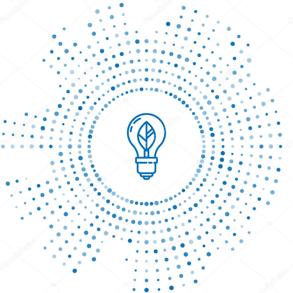 Blue line Light bulb with leaf icon isolated on white background. Eco energy concept. Alternative energy concept. Abstract circle random dots. Vector Illustration