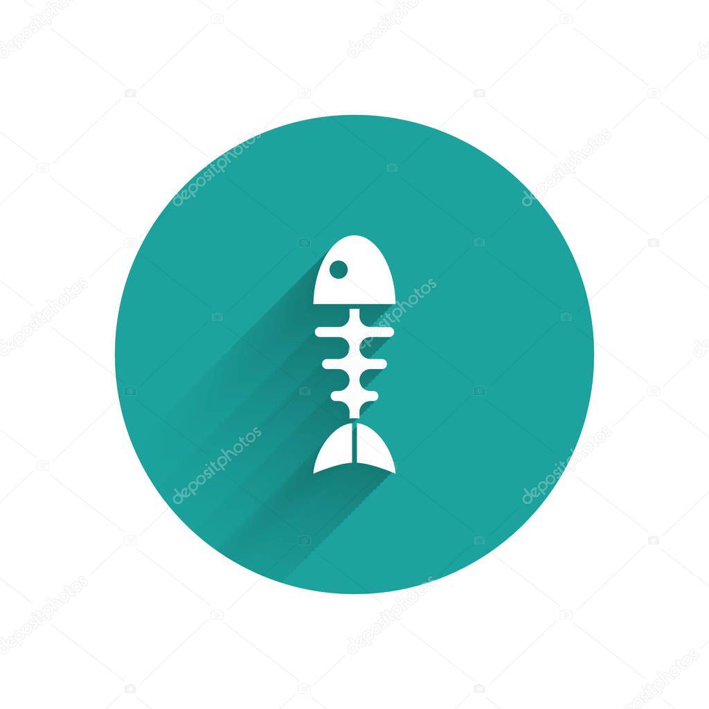White Fish skeleton icon isolated with long shadow. Fish bone sign. Green circle button. Vector Illustration