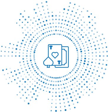 Mavi çizgi. Beyaz arkaplanda kalp sembolü simgesi olan kart oynanıyor. Kumarhane kumarı. Soyut çember rastgele noktalar. Vektör İllüstrasyonu