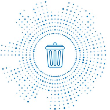 Mavi çizgi Çöp kutusu simgesi beyaz arkaplanda izole edildi. Çöp kutusu tabelası. Sepet simgesini geri dönüştür. Ofis çöpü ikonu. Soyut çember rastgele noktalar. Vektör İllüstrasyonu
