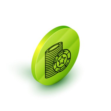 Beyaz arka planda izole edilmiş Isometric çizgi kumarhane çipleri simgesi. Kumarhane kumarı. Yeşil daire düğmesi. Vektör İllüstrasyonu