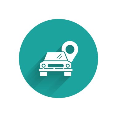 Uzun gölgeli bir taksi simgesi olan beyaz harita işaretçisi. Konum sembolü. Yeşil daire düğmesi. Vektör İllüstrasyonu