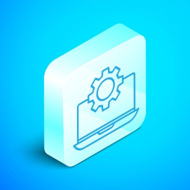 Isome hattı dizüstü bilgisayarı ve dişli simgesi mavi arkaplanda izole edildi. Laptop servis konsepti. Uygulama ayarlanıyor, seçenekler ayarlanıyor, bakım, onarım, onarım. Gümüş kare düğme. Vektör İllüstrasyonu