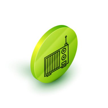 Beyaz arkaplanda anten simgesi olan Isometric Line Radio. Yeşil daire düğmesi. Vektör İllüstrasyonu