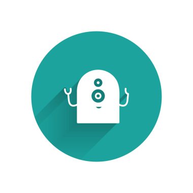 Beyaz Uzaylı simgesi uzun gölgeli izole edilmiş. Uzaylı yüzü ya da kafa sembolü. Yeşil daire düğmesi. Vektör İllüstrasyonu