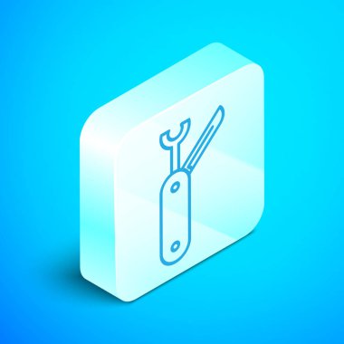 Isometric hattı İsviçre çakısı ikonu mavi arka planda izole. Çoklu alet, çok amaçlı çakı. Çok fonksiyonlu bir alet. Gümüş kare düğme. Vektör İllüstrasyonu