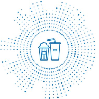 Karton kutuda mavi çizgi patlamış mısır ve beyaz arka planda izole edilmiş saman ve su ikonu içen kağıt bardak. Soda bardağı. Soyut çember rastgele noktalar. Vektör İllüstrasyonu