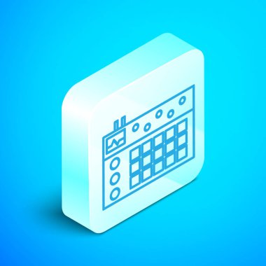 Isometric line Drum makinesi simgesi mavi arkaplanda izole edildi. Müzik aletleri. Gümüş kare düğme. Vektör İllüstrasyonu