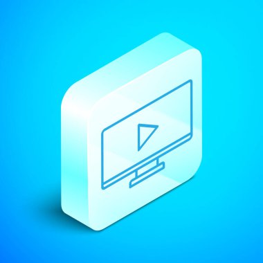 Isometric line Online video simgesi mavi arkaplanda izole edildi. Bilgisayar monitörü ve oyun işaretli film şeridi. Gümüş kare düğme. Vektör İllüstrasyonu