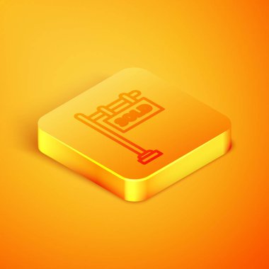 Turuncu arka planda izole edilmiş metin satışı simgesiyle Isometric satır asma işareti. Çıkartma satıldı. Tabela satıldı. Turuncu kare düğme. Vektör İllüstrasyonu