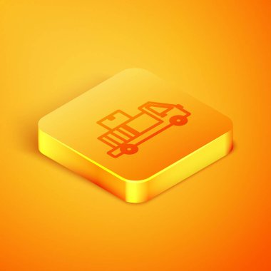 Turuncu arka planda izole edilmiş ikonun arkasında karton kutular olan Isometric hat teslimat kamyonu. Turuncu kare düğme. Vektör İllüstrasyonu