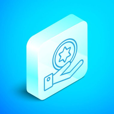 Mavi arka planda izole edilmiş el simgesindeki Yahudi sikkesi. Para birimi sembolü. Gümüş kare düğme. Vektör İllüstrasyonu