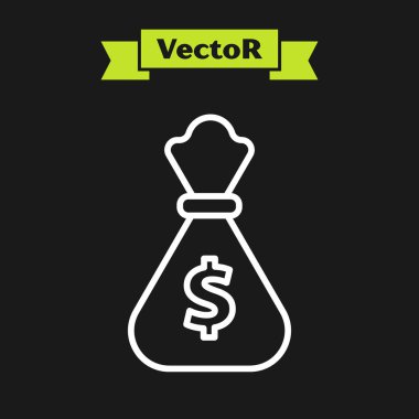 Beyaz çizgi Para çantası simgesi siyah arka plan üzerinde izole. Dolar veya Usd sembolü. Nakit Bankacılık para birimi işareti. Vektör İllüstrasyonu