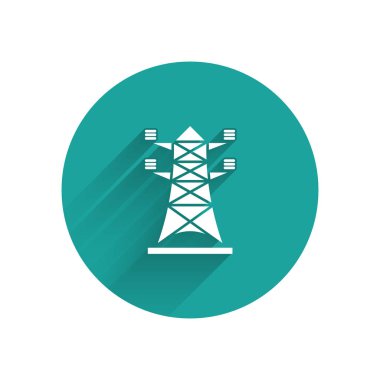 Beyaz Elektrik Kulesi, uzun gölgeli izole edilmiş bir güç hattı ikonunu desteklemek için kullanılır. Yüksek voltajlı elektrik direği hattı. Yeşil daire düğmesi. Vektör İllüstrasyonu
