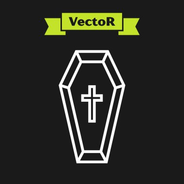 Beyaz çizgi Tabut ve Hıristiyan haç simgesi siyah arka planda izole edilmiş. Mutlu Cadılar Bayramı Partisi. Vektör İllüstrasyonu