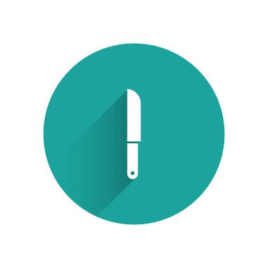 Beyaz bıçak simgesi uzun gölge ile yalıtılmış. Çatal bıçak sembolü. Yeşil daire düğmesi. Vektör Illustration