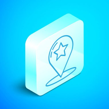 Mavi arkaplanda yıldız simgesi izole edilmiş Isometric çizgi haritası işaretçisi. Yıldız favori iğne haritası simgesi. Harita işaretleyicileri. Gümüş kare düğme. Vektör İllüstrasyonu