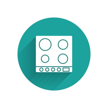 Uzun gölgeli beyaz gaz soba ikonu. Mutfak tabelaları. Dört daire ocağı olan bir hob. Yeşil daire düğmesi. Vektör İllüstrasyonu