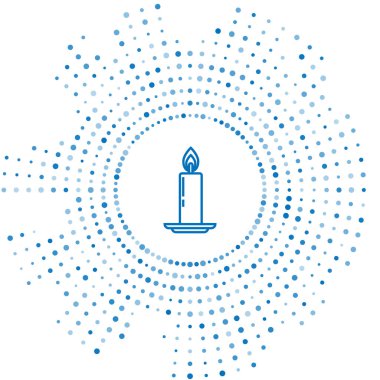 Mavi çizgi, mum yakma simgesi beyaz arkaplanda izole edilmiş. Eski moda yanan mum. Silindirik mum çubuğu ve yanan ateş. Soyut çember rastgele noktalar. Vektör İllüstrasyonu