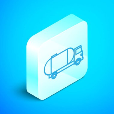 Isometric hattı tanker ikonu mavi arka planda izole edildi. Petrol tankeri, petrol kamyonu, sarnıç, petrol karavanı. Gümüş kare düğme. Vektör İllüstrasyonu