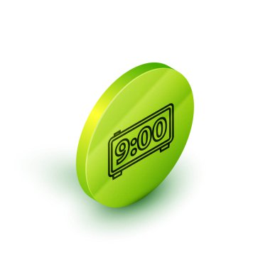 Beyaz arkaplanda izole edilmiş Isometric satır dijital alarm saat simgesi. Elektronik çalar saat. Zaman simgesi. Yeşil daire düğmesi. Vektör İllüstrasyonu