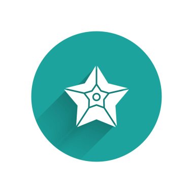 Uzun gölgeli beyaz Noel yıldızı ikonu. Mutlu Noeller ve mutlu yıllar. Yeşil daire düğmesi. Vektör İllüstrasyonu