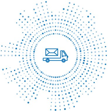 Mavi çizgi posta kamyonu simgesi beyaz arkaplanda izole edildi. Posta arabası. Zarflı ya da mektuplu araç nakliyesi. Soyut çember rastgele noktalar. Vektör İllüstrasyonu