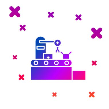 Renkli fabrika taşıma sistemi şeridi beyaz zemin üzerinde karton kutular mühendislik makine simgesi izole. Robot endüstrisi konsepti. Kademeli rastgele dinamik şekiller. Vektör İllüstrasyonu
