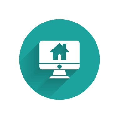 Uzun gölge ile izole akıllı ev simgesi ile Beyaz Bilgisayar monitör. Uzaktan kumanda. Yeşil daire düğmesi. Vektör İllüstrasyonu